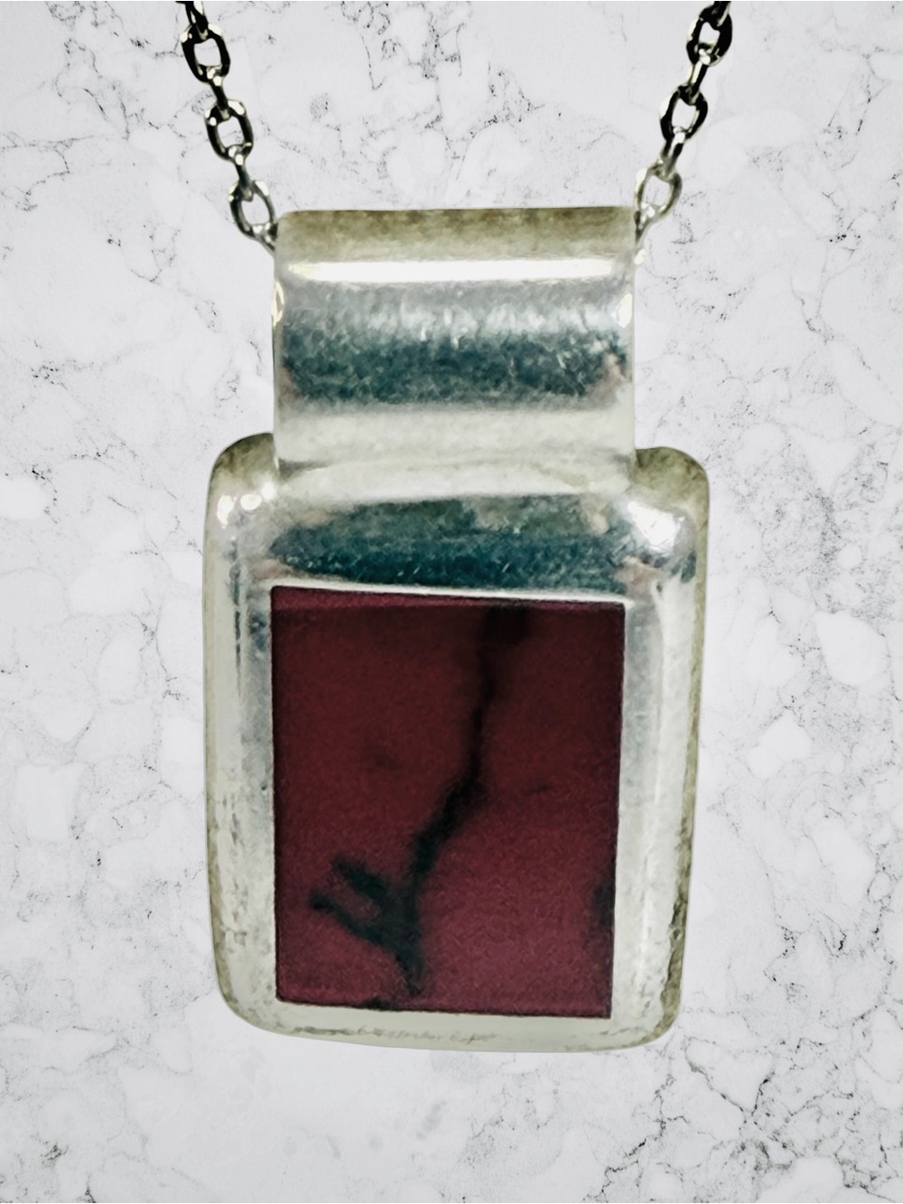 Sterling Silver 925 Mexico Red Jasper Gemstone Pendant Necklace Rectangle 18” - Picture 3 of 11
